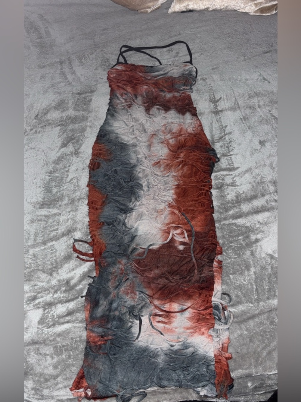 Sleeveless Tie-Dye Fringe body con Dress in Rust, Gray & White